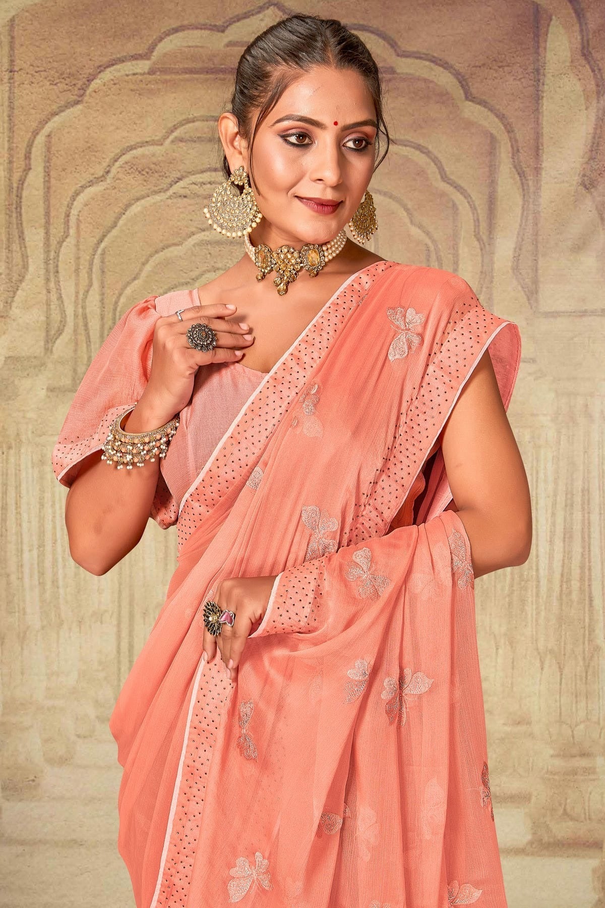 Peach Colour Soft Silk Chiffon Designer Saree LC1121523 A