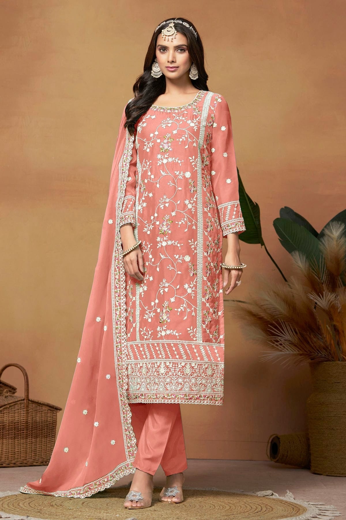 Peach Colour Straight Suit Soft Organza Semi Stitched SM1050539