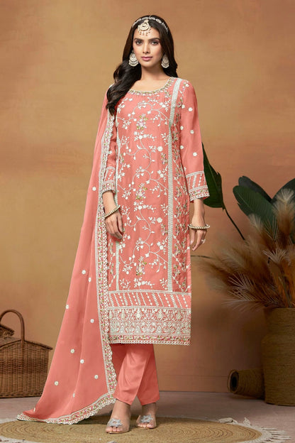 Peach Colour Straight Suit Soft Organza Semi Stitched SM1050539