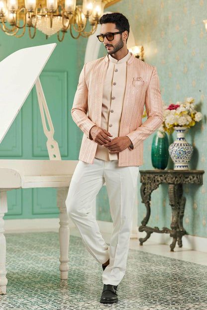 Peach Colour Thread Work Embroidery Art Silk 3 Pcs Jodhpuri Set JP1230629