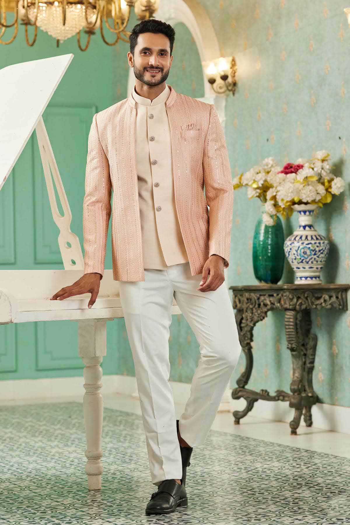 Peach Colour Thread Work Embroidery Art Silk 3 Pcs Jodhpuri Set JP1230629