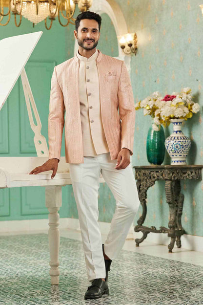 Peach Colour Thread Work Embroidery Art Silk 3 Pcs Jodhpuri Set JP1230629
