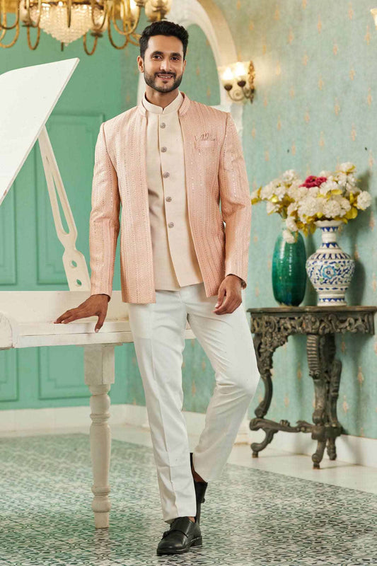 Peach Colour Thread Work Embroidery Art Silk 3 Pcs Jodhpuri Set JP1230629