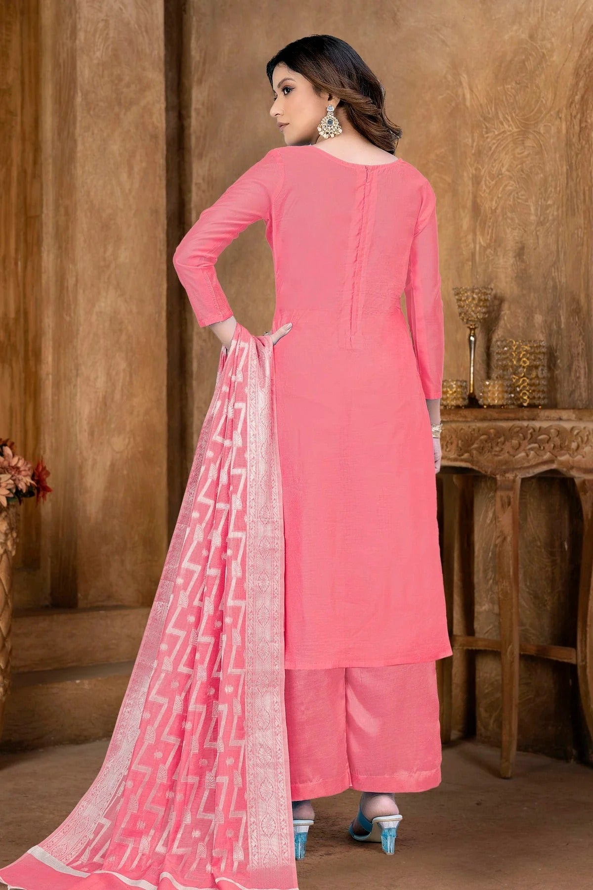 Peach Colour Unstitched Banarasi Jacquard Palazoo Pant Suit US1161362 A