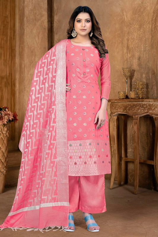 Peach Colour Unstitched Banarasi Jacquard Palazoo Pant Suit US1161362