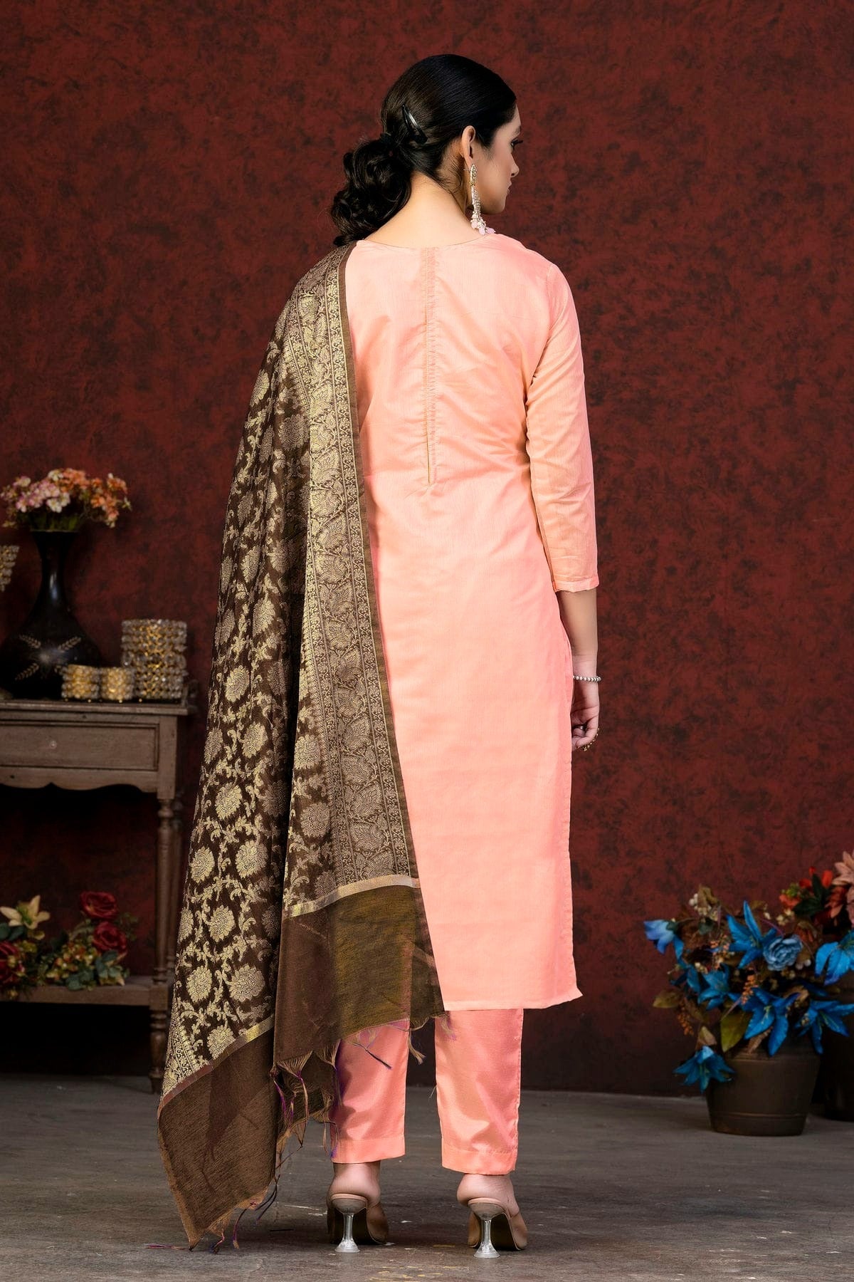 Peach Colour Unstitched Banarasi Jacquard Pant Style Suit US1161369 A