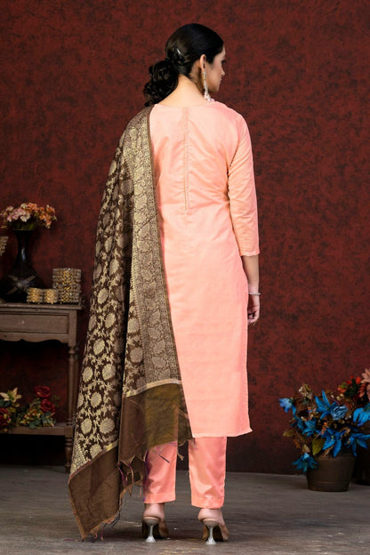 Peach Colour Unstitched Banarasi Jacquard Pant Style Suit US1161369 A