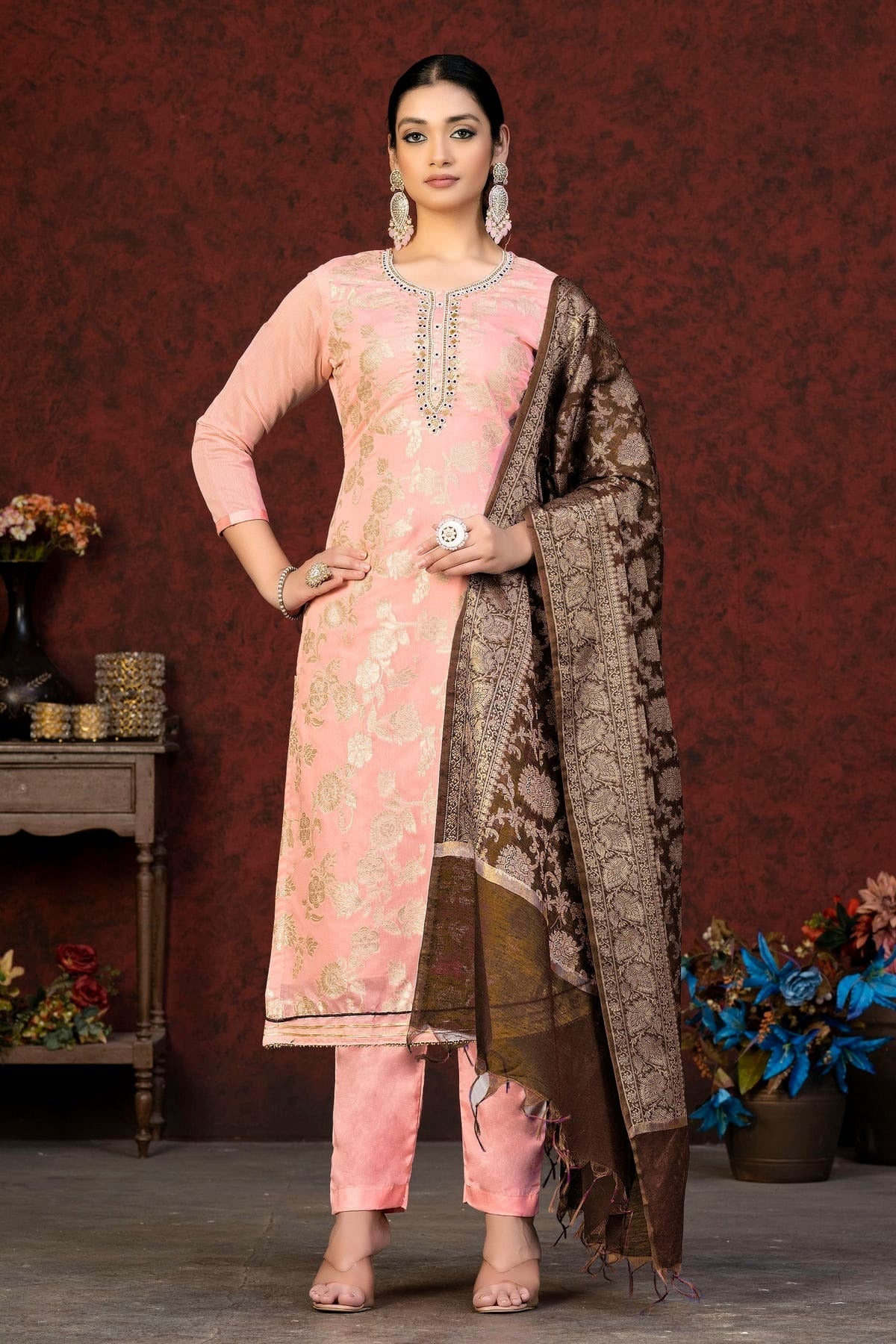 Peach Colour Unstitched Banarasi Jacquard Pant Style Suit US1161369