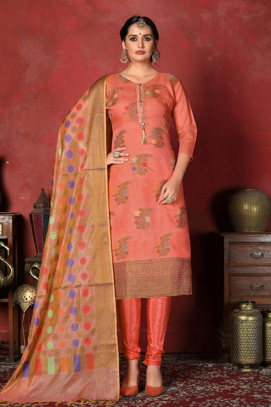Peach Colour Unstitched Banarasi Silk Churidar Suit US1161297