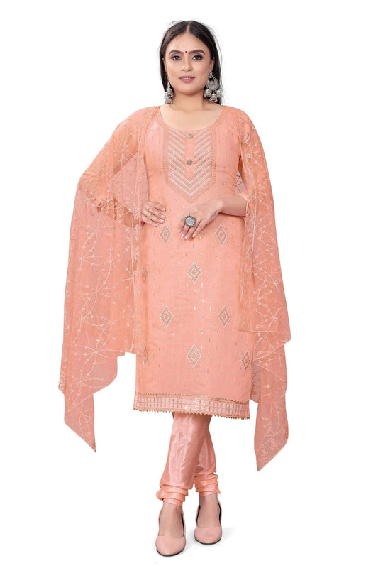 Peach Colour Unstitched Chanderi Cotton Churidar Suit US1160703