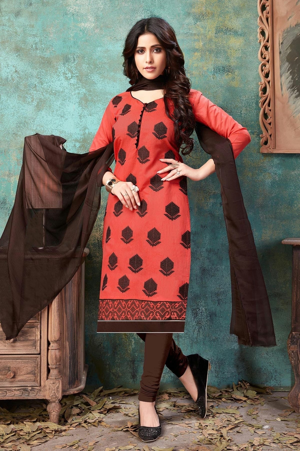 Peach Colour Unstitched Chanderi Cotton Churidar Suit US1161201