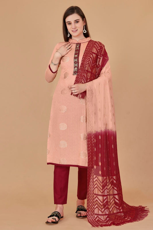 Peach Colour Unstitched Cotton Jacquard Straight Suit US1160881