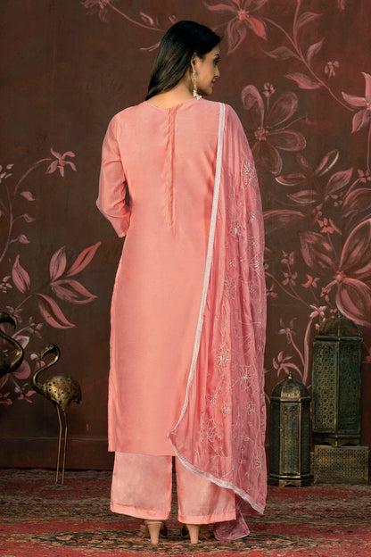 Peach Colour Unstitched Cotton Jacquard Straight Suit US1161265 A