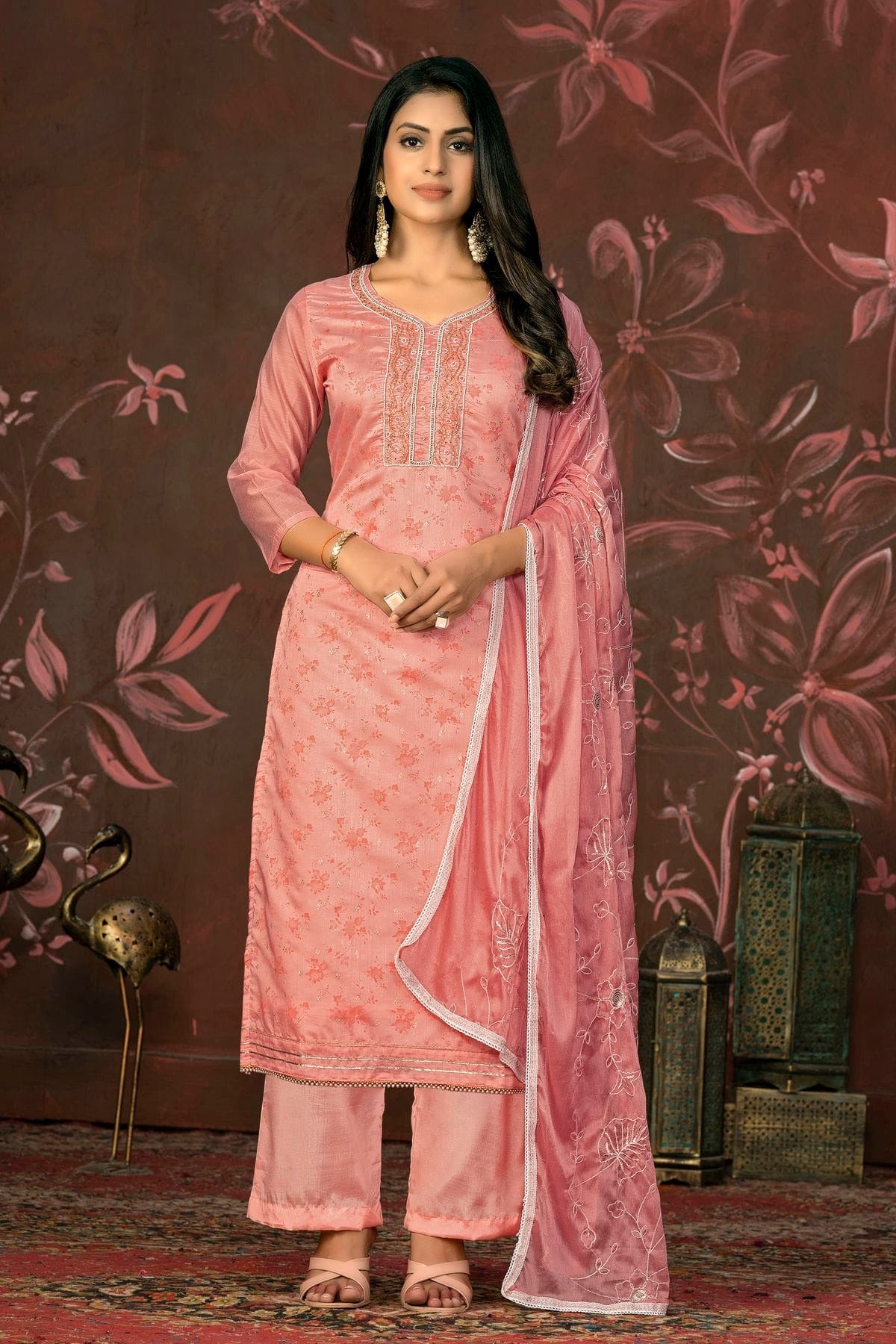 Peach Colour Unstitched Cotton Jacquard Straight Suit US1161265