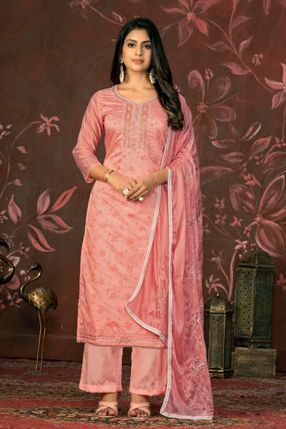 Peach Colour Unstitched Cotton Jacquard Straight Suit US1161265