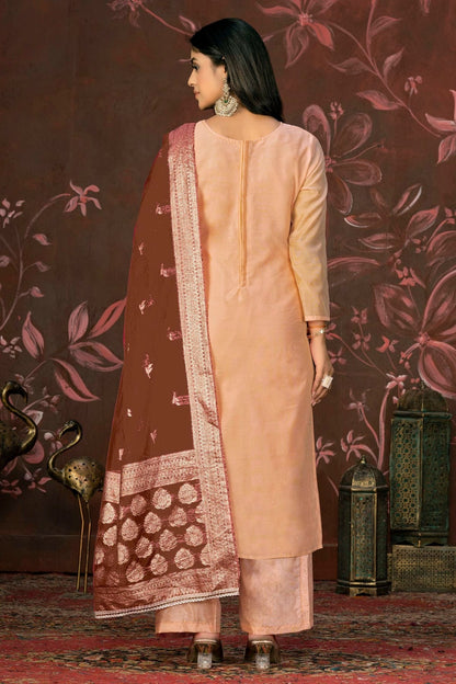 Peach Colour Unstitched Cotton Jacquard Straight Suit US1161272 A