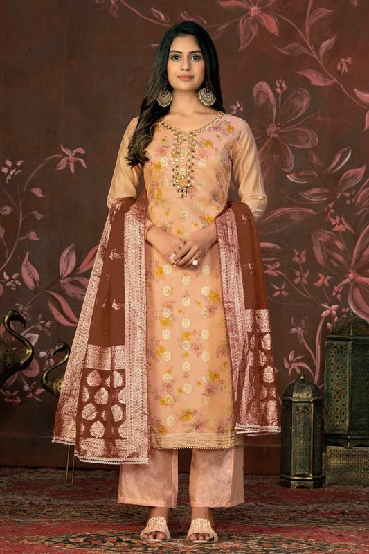 Peach Colour Unstitched Cotton Jacquard Straight Suit US1161272
