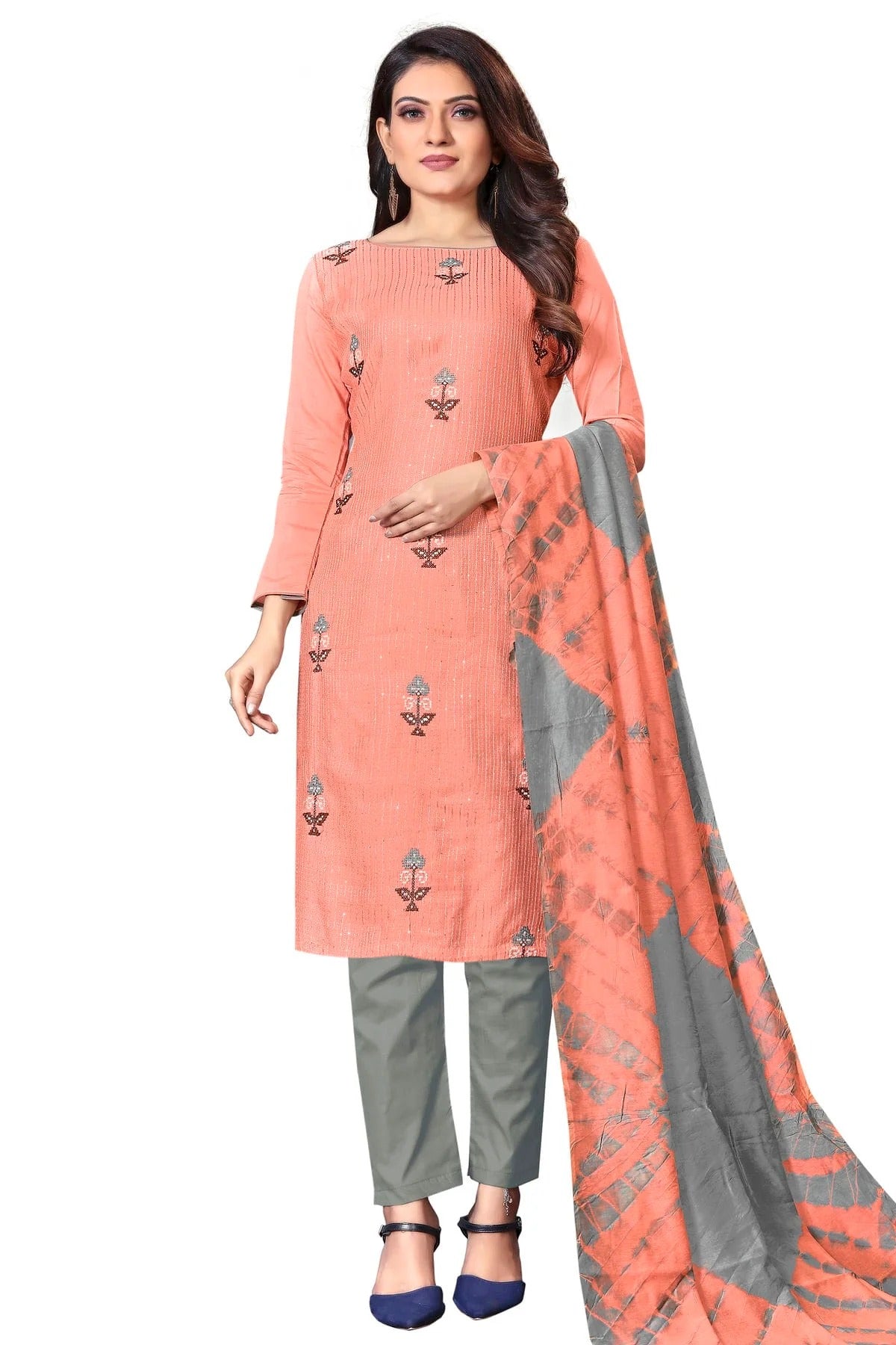 Peach Colour Unstitched Cotton Straight Suit US1160662