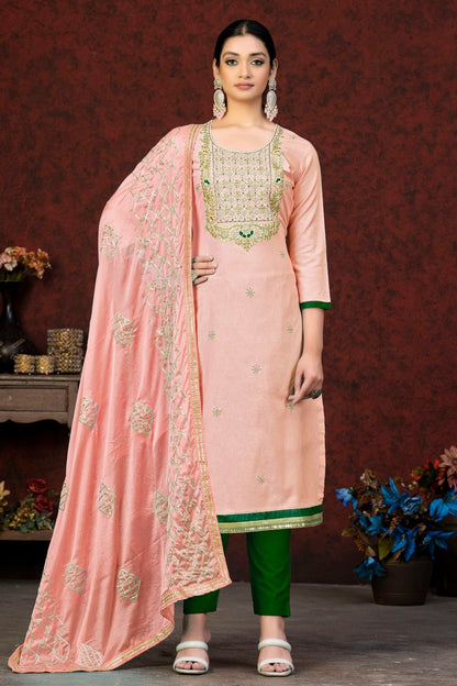Peach Colour Unstitched Glass Cotton Fabric Straight Suit US1160895