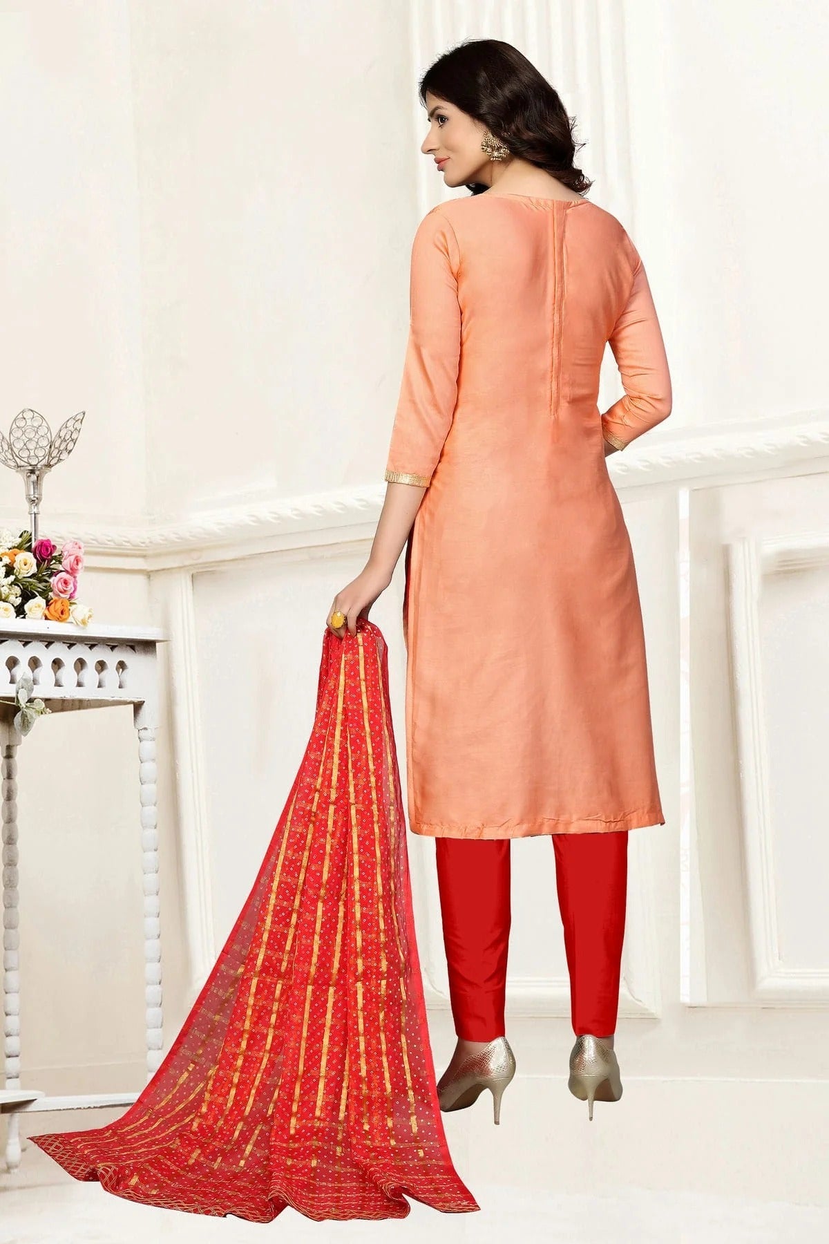 Peach Colour Unstitched Glass Cotton Straight Suit US1160870 A