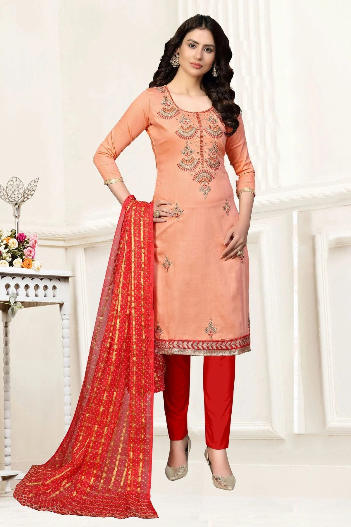 Peach Colour Unstitched Glass Cotton Straight Suit US1160870