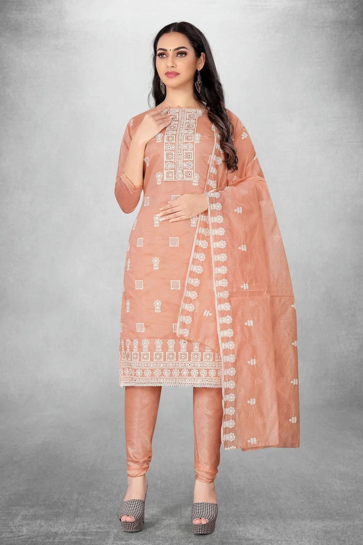 Peach Colour Unstitched Modal Chanderi Churidar Suit US1160827