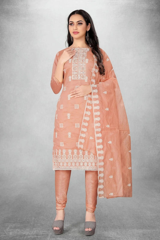 Peach Colour Unstitched Modal Chanderi Churidar Suit US1160827