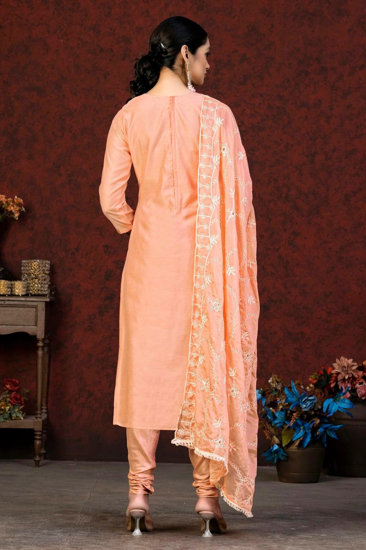 Peach Colour Unstitched Modal Chanderi Churidar Suit US1161060 A