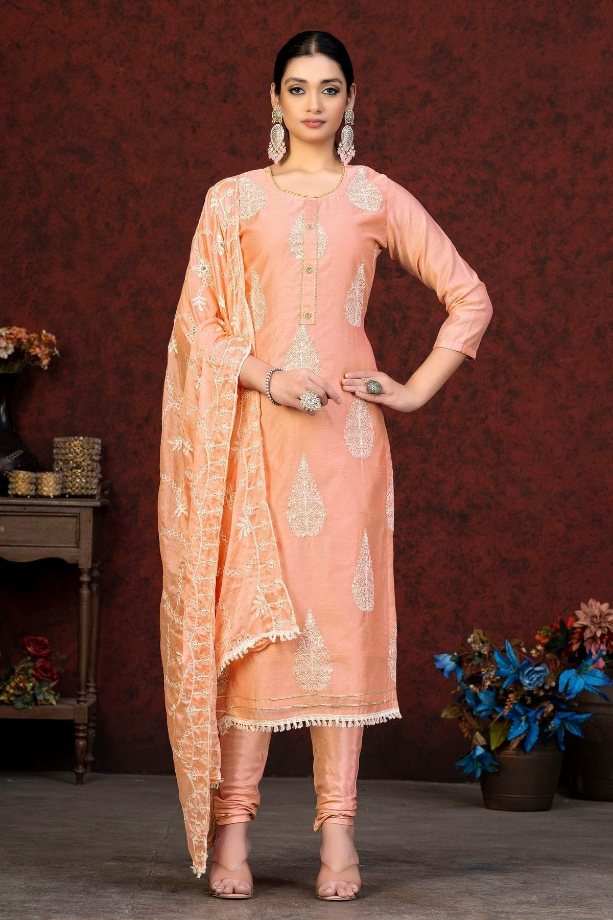 Peach Colour Unstitched Modal Chanderi Churidar Suit US1161060