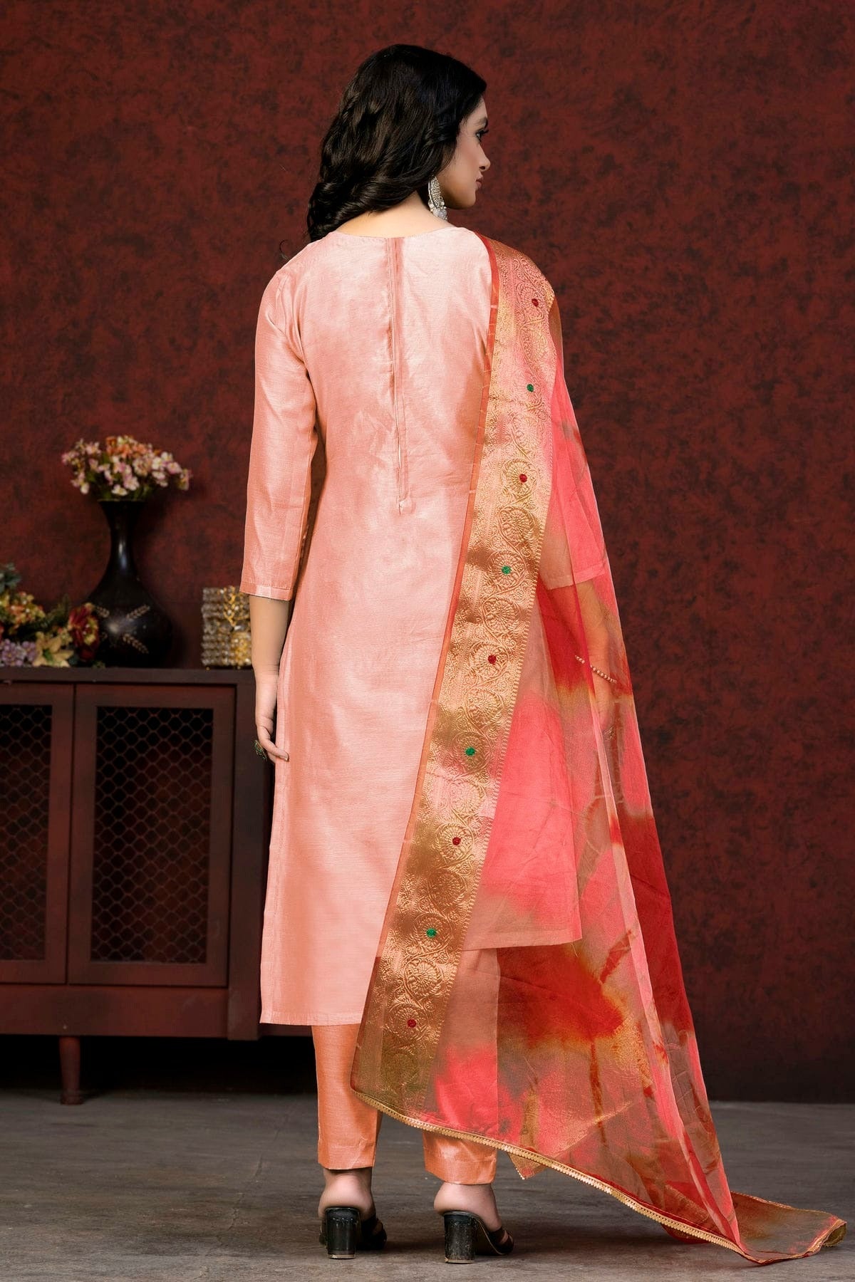 Peach Colour Unstitched Modal Chanderi Fabric Straight Suit US1161012 A