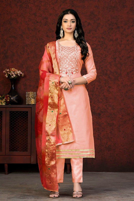 Peach Colour Unstitched Modal Chanderi Fabric Straight Suit US1161012