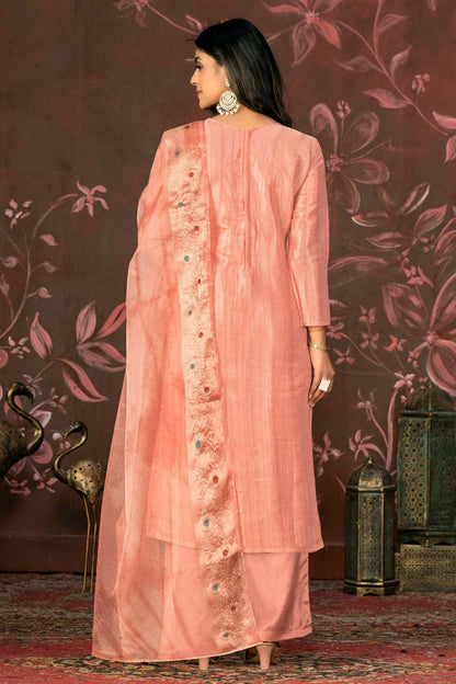 Peach Colour Unstitched Modal Cotton Jacquard Straight Suit US1161283 A