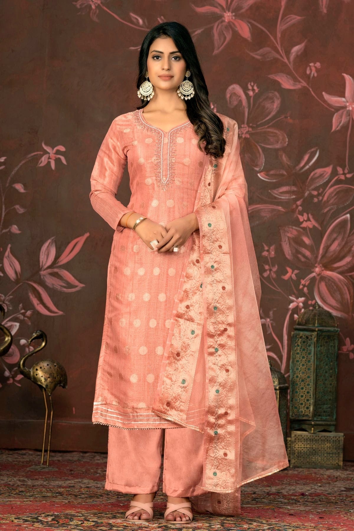 Peach Colour Unstitched Modal Cotton Jacquard Straight Suit US1161283