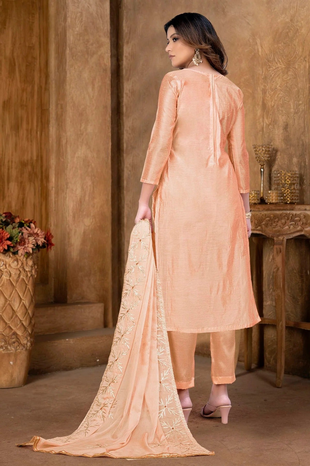 Peach Colour Unstitched Modal Cotton Pant Style Suit US1160863 A