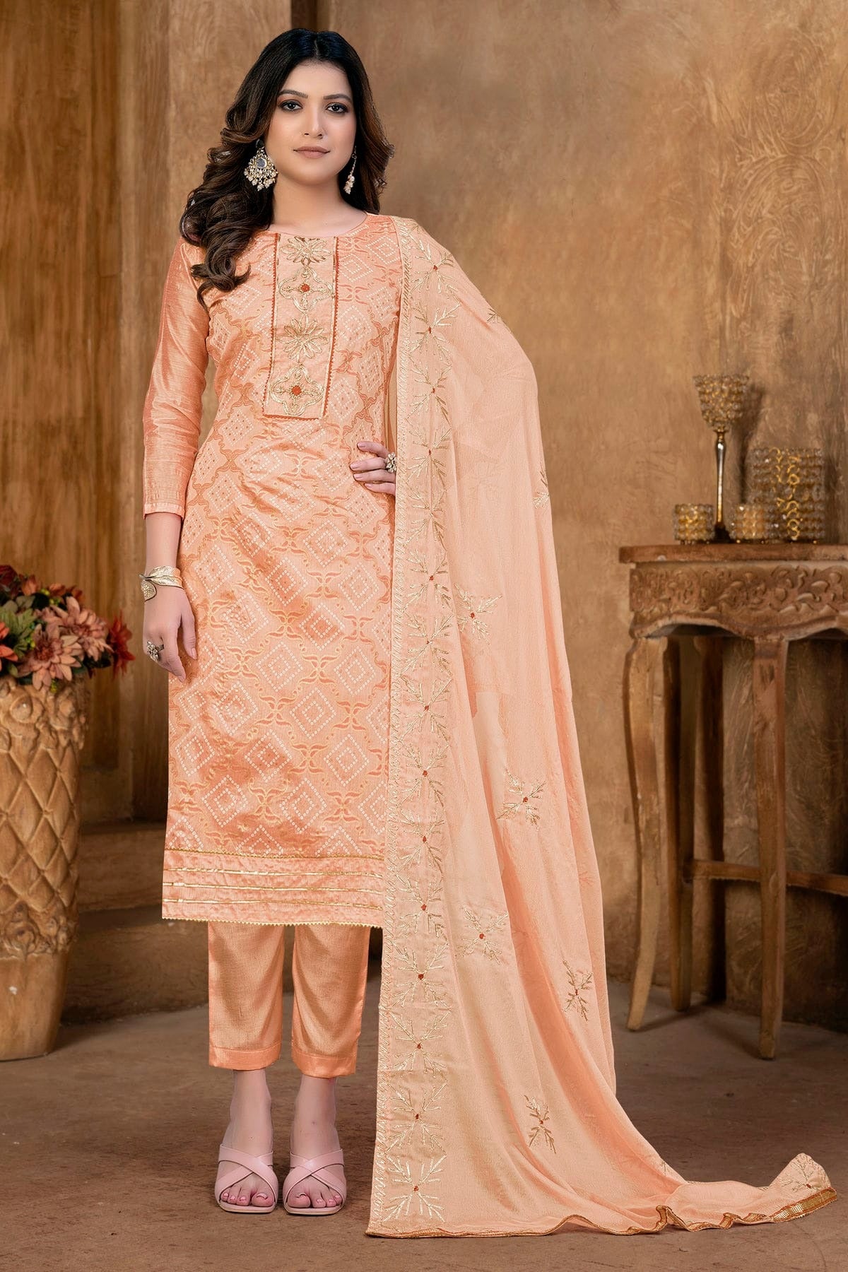Peach Colour Unstitched Modal Cotton Pant Style Suit US1160863