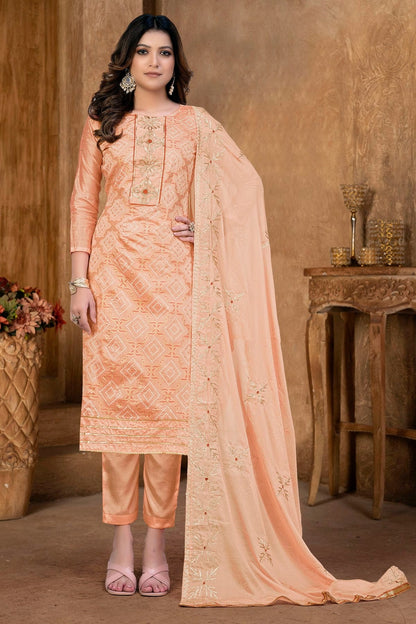 Peach Colour Unstitched Modal Cotton Pant Style Suit US1160863