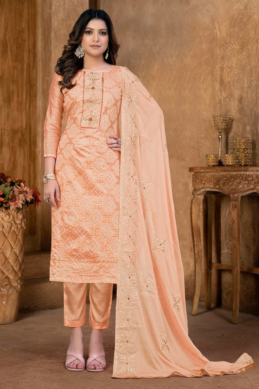 Peach Colour Unstitched Modal Cotton Pant Style Suit US1160863