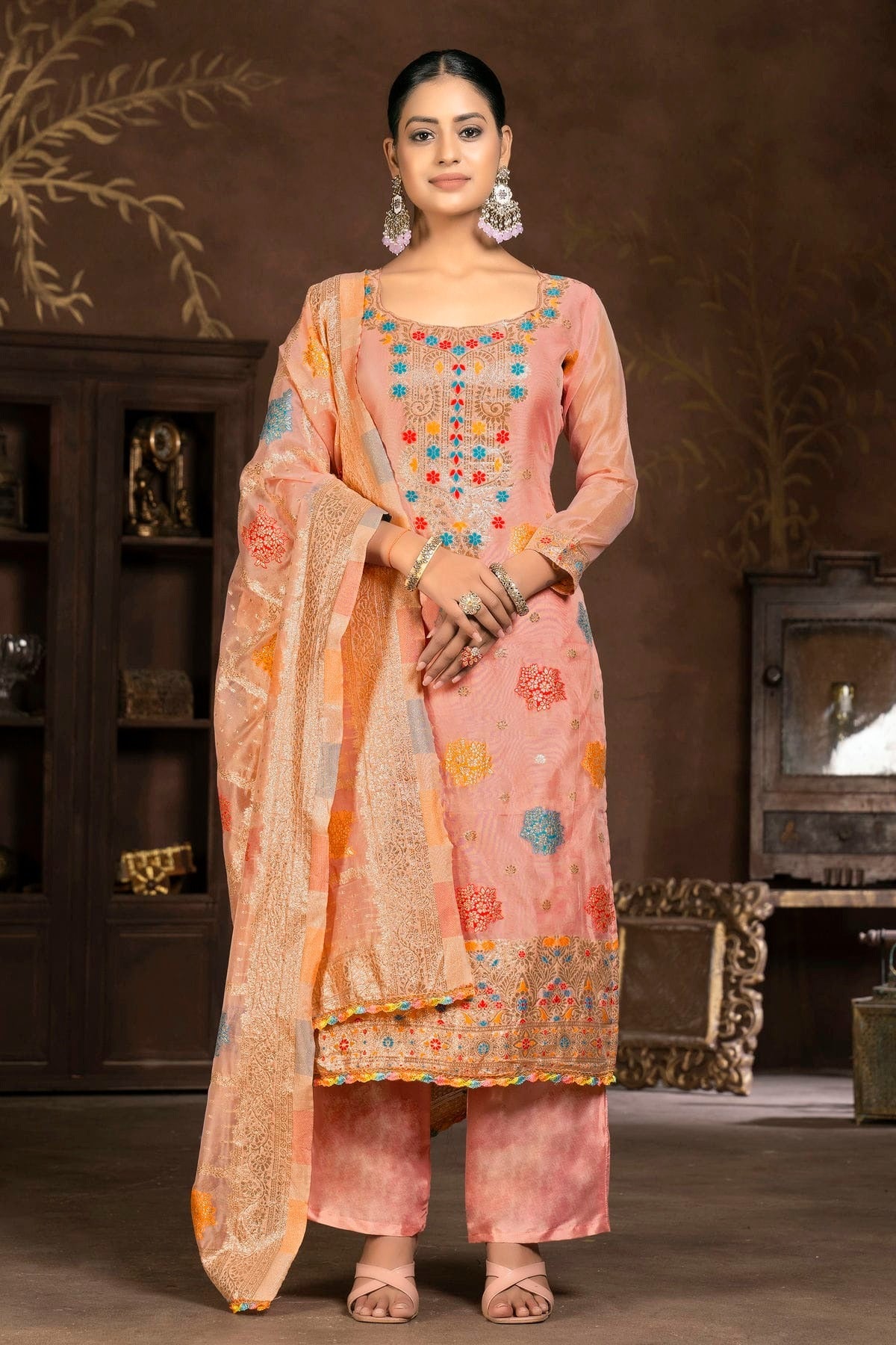 Peach Colour Unstitched Organza Jacquard Plazzo Pant Suit US1160844