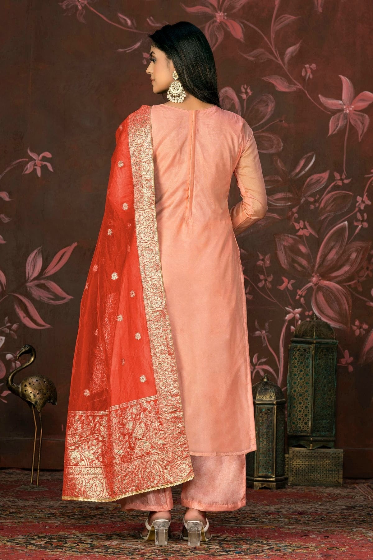 Peach Colour Unstitched Organza Jacquard Straight Suit US1161268 A