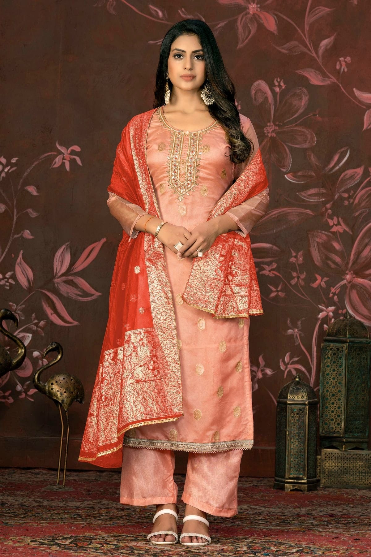 Peach Colour Unstitched Organza Jacquard Straight Suit US1161268