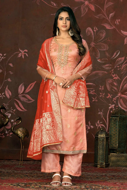 Peach Colour Unstitched Organza Jacquard Straight Suit US1161268