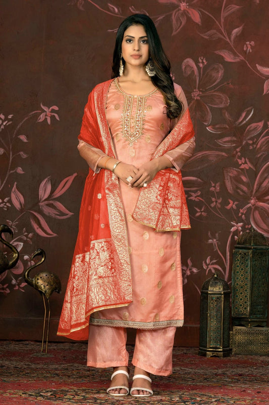 Peach Colour Unstitched Organza Jacquard Straight Suit US1161268