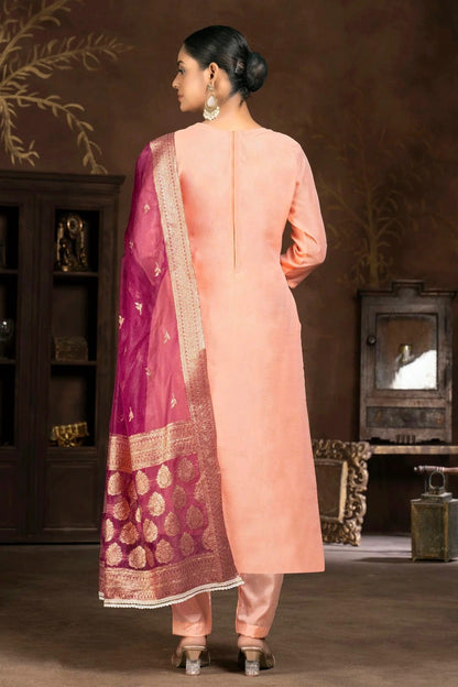 Peach Colour Unstitched Organza Pant Style Suit US1160839 A