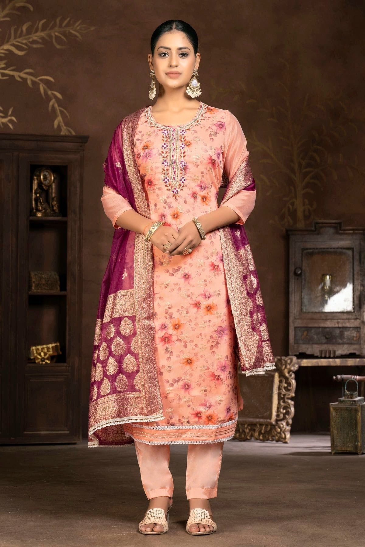 Peach Colour Unstitched Organza Pant Style Suit US1160839
