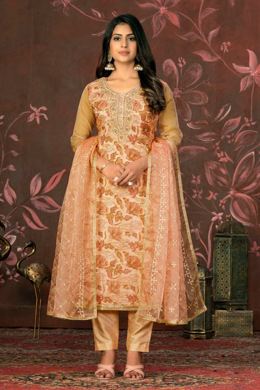 Peach Colour Unstitched Organza Pant Style Suit US1160847