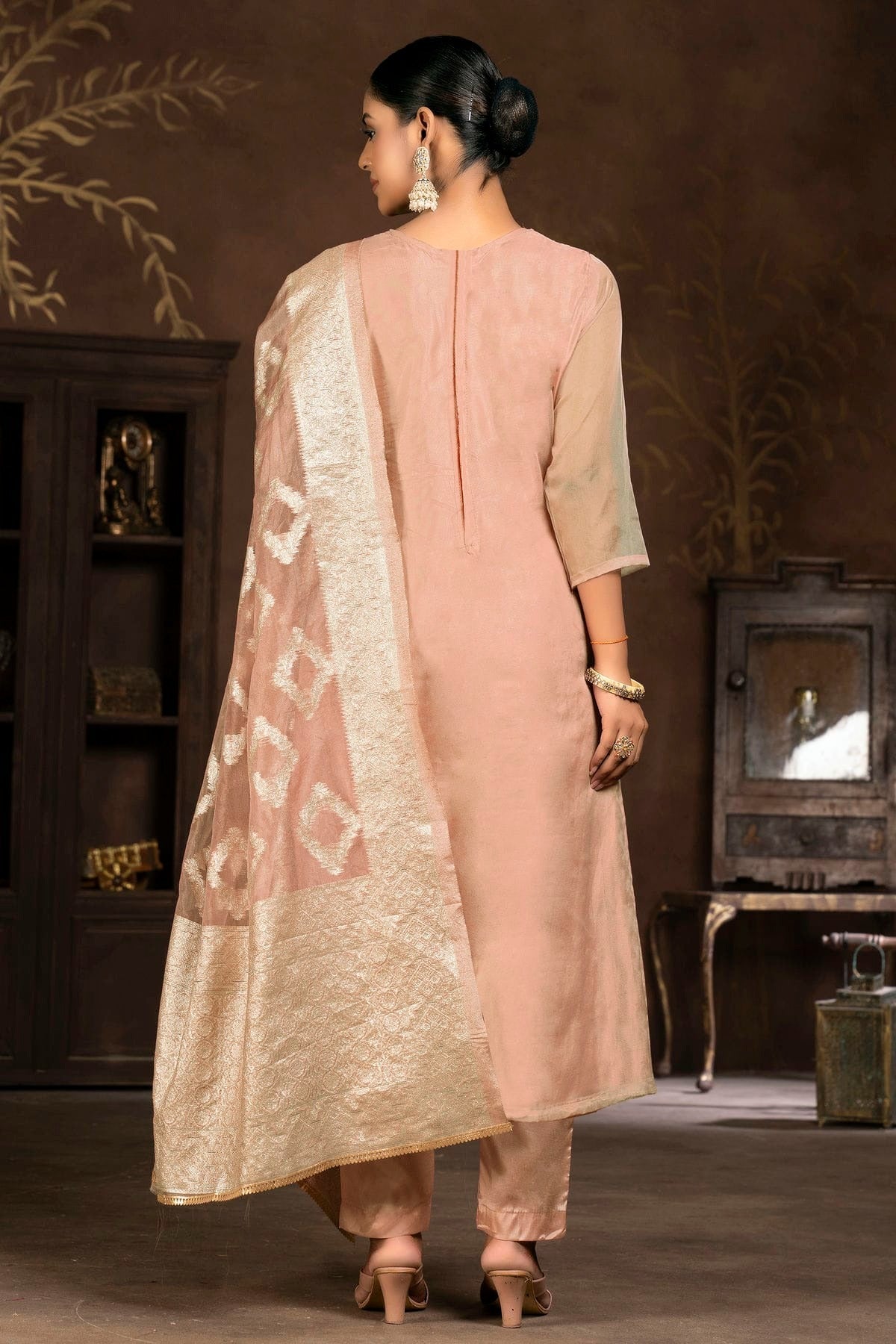 Peach Colour Unstitched Organza Pant Style Suit US1161342 A