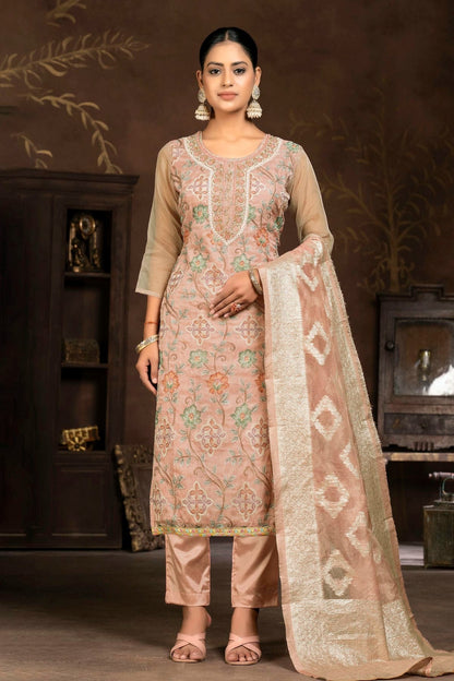 Peach Colour Unstitched Organza Pant Style Suit US1161342