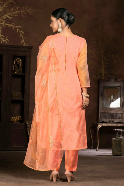Peach Colour Unstitched Pure Organza Pant Style Suit US1161348 A