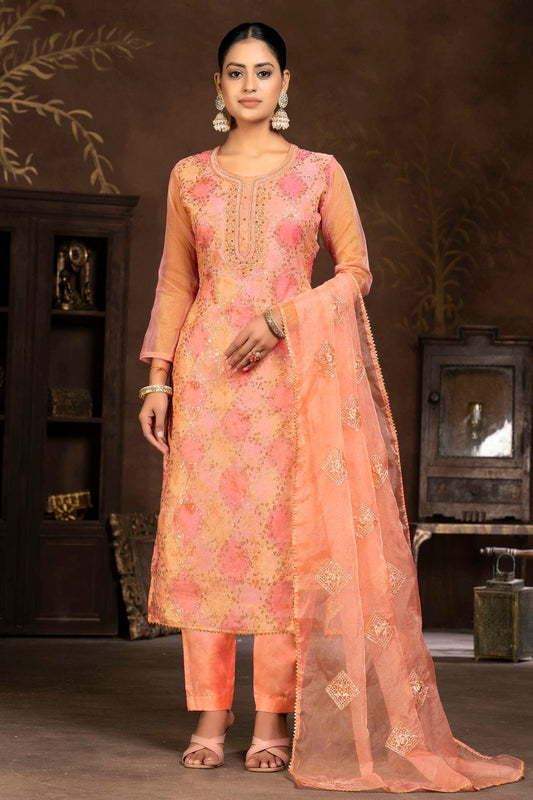 Peach Colour Unstitched Pure Organza Pant Style Suit US1161348