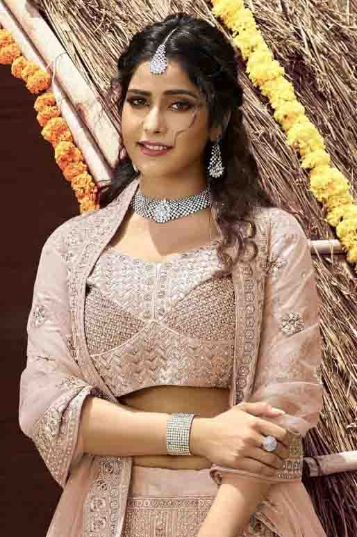 Peach Colour Velvet Resham Work Lehenga Choli LC1080131 A